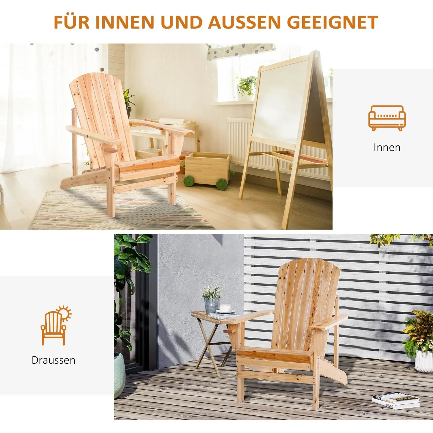 Outsunny Gartenstuhl aus Tannenholz, geeignet für Innen- und Außenbereich.