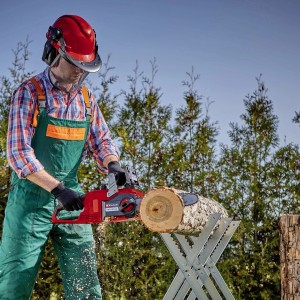 Einhell Akku-Kettensäge Fortexxa 18/30 im Einsatz beim Sägen von Holzstamm.