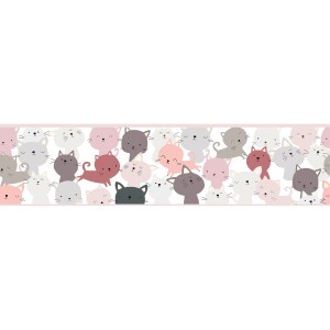 Rosa Vlies-Tapetenbordüre mit Katzenmotiv für Kinderzimmer, selbstklebend.