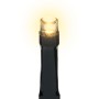 Nahaufnahme einer leuchtenden warmweißen LED an einem dunklen Kabel. Detail einer OBI LED Lichterkette für Außen.