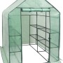 WOLTU Foliengewächshaus, halbtransparent grün, mit Stahlrohrrahmen und Regalen.