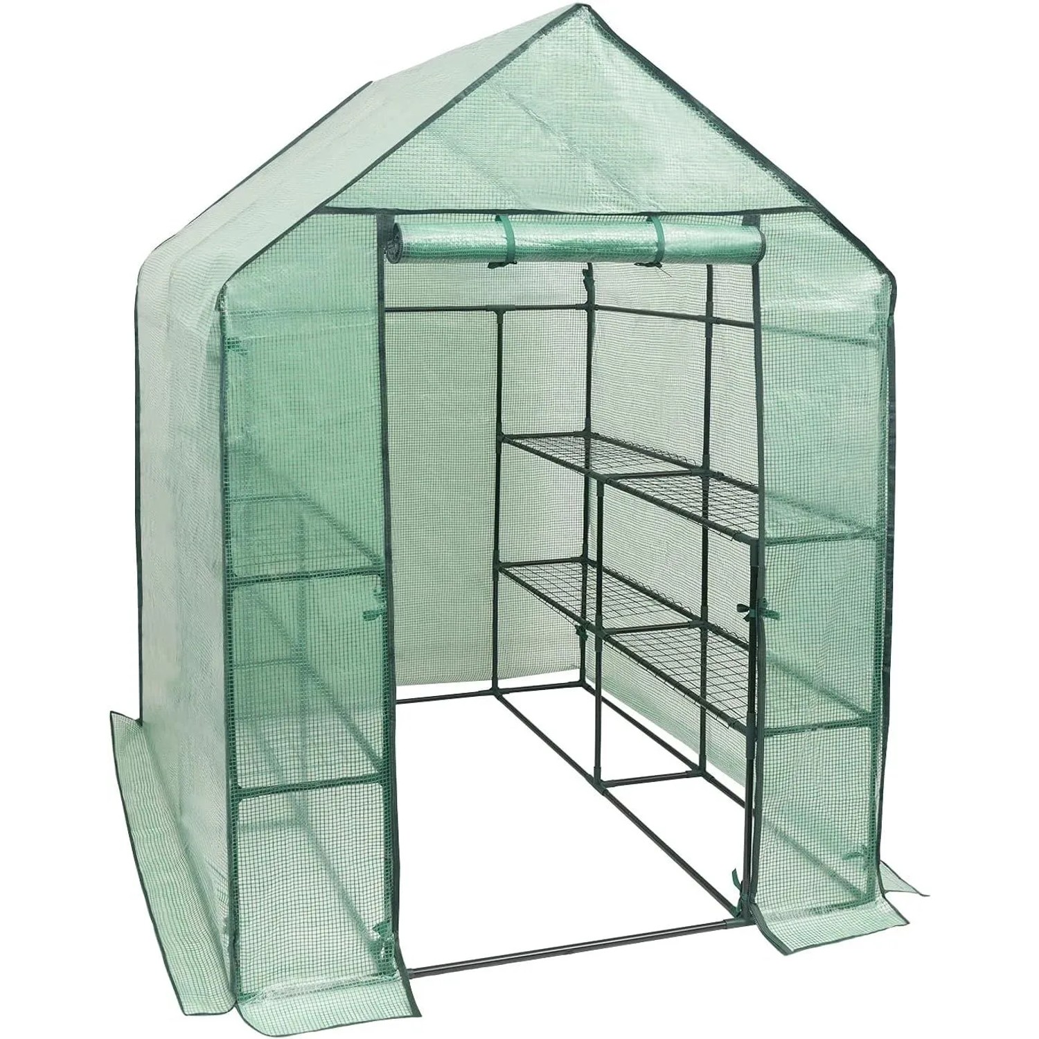 WOLTU Foliengewächshaus, halbtransparent grün, mit Stahlrohrrahmen und Regalen.