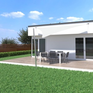 Cremeweißes Toldoro Sonnensegel Komplettset mit Mast und Befestigung an einem Haus.