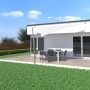 Cremeweißes Toldoro Sonnensegel Komplettset mit Mast und Befestigung an einem Haus.