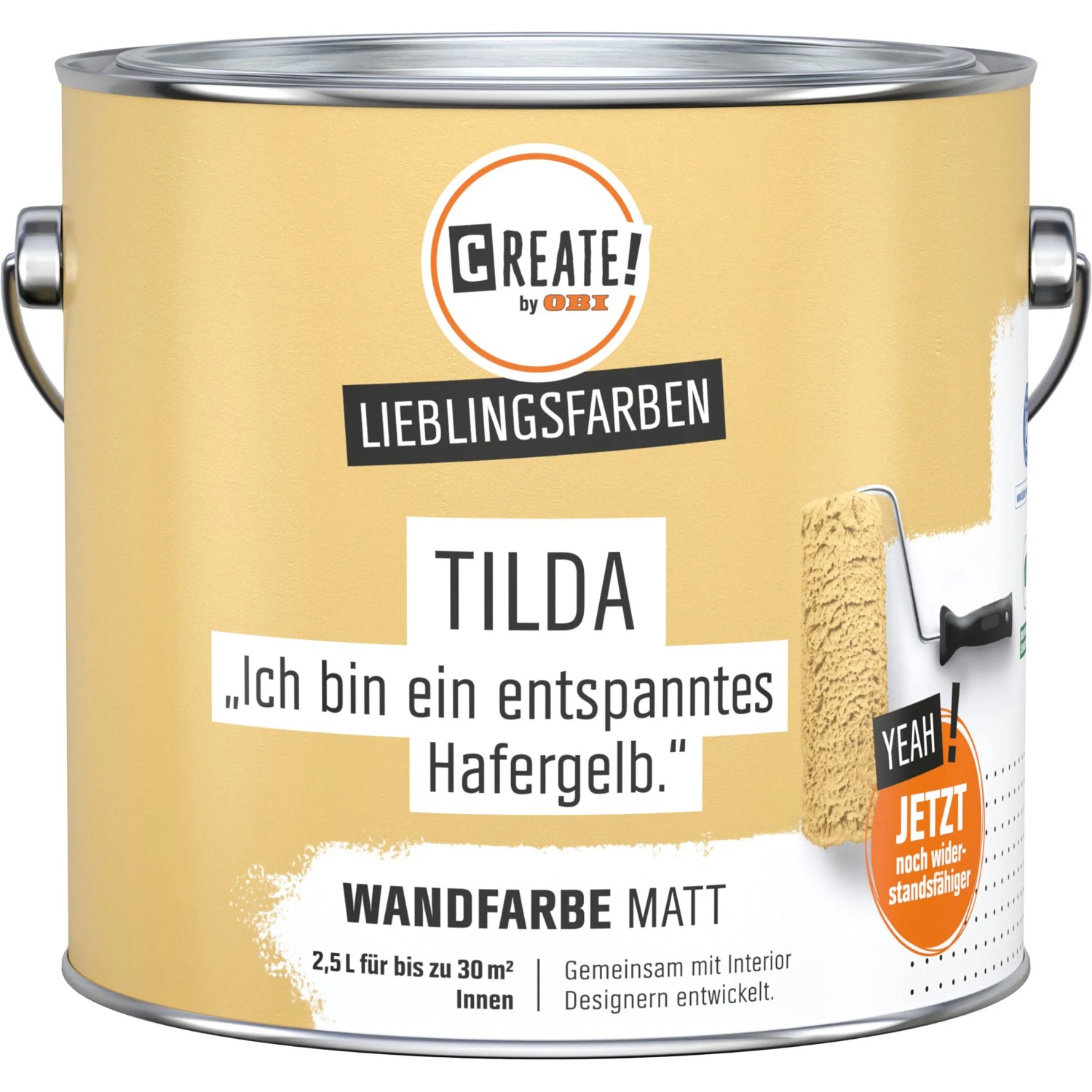 CREATE! by OBI Wandfarbe Lieblingsfarbe Tilda Hafergelb, matte Innenfarbe im Farbeimer.
