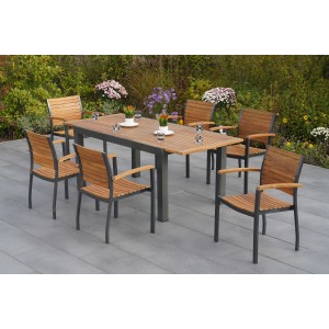Merxx Gartenmöbel-Set Santorin, 7-teilig mit Ausziehtisch und Stapelsesseln aus Akazienholz und Aluminium.
