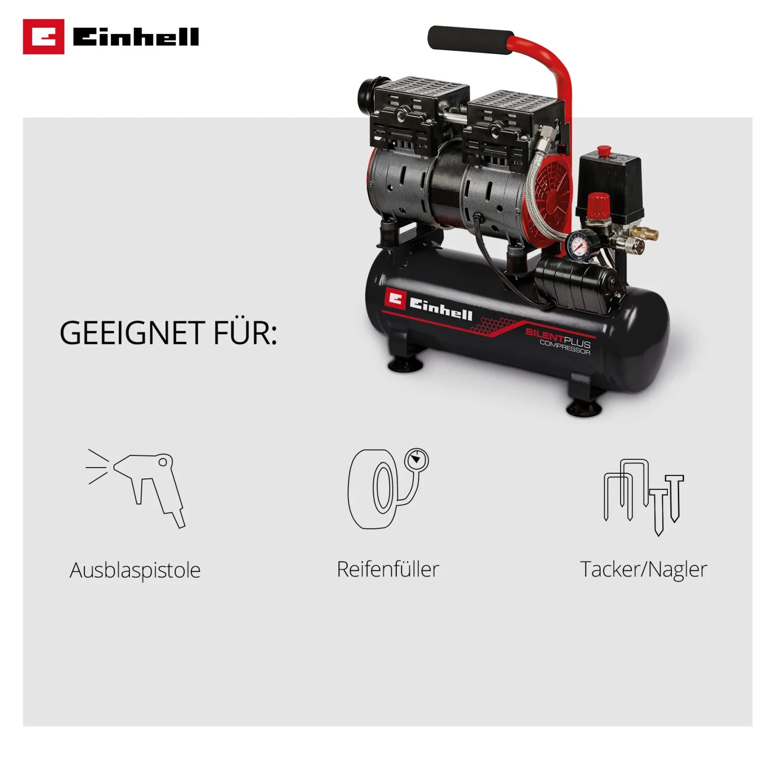Einhell Kompressor TE-AC 6 Silent: Leiser, ölfreier Kompressor mit Manometer und Druckminderer.