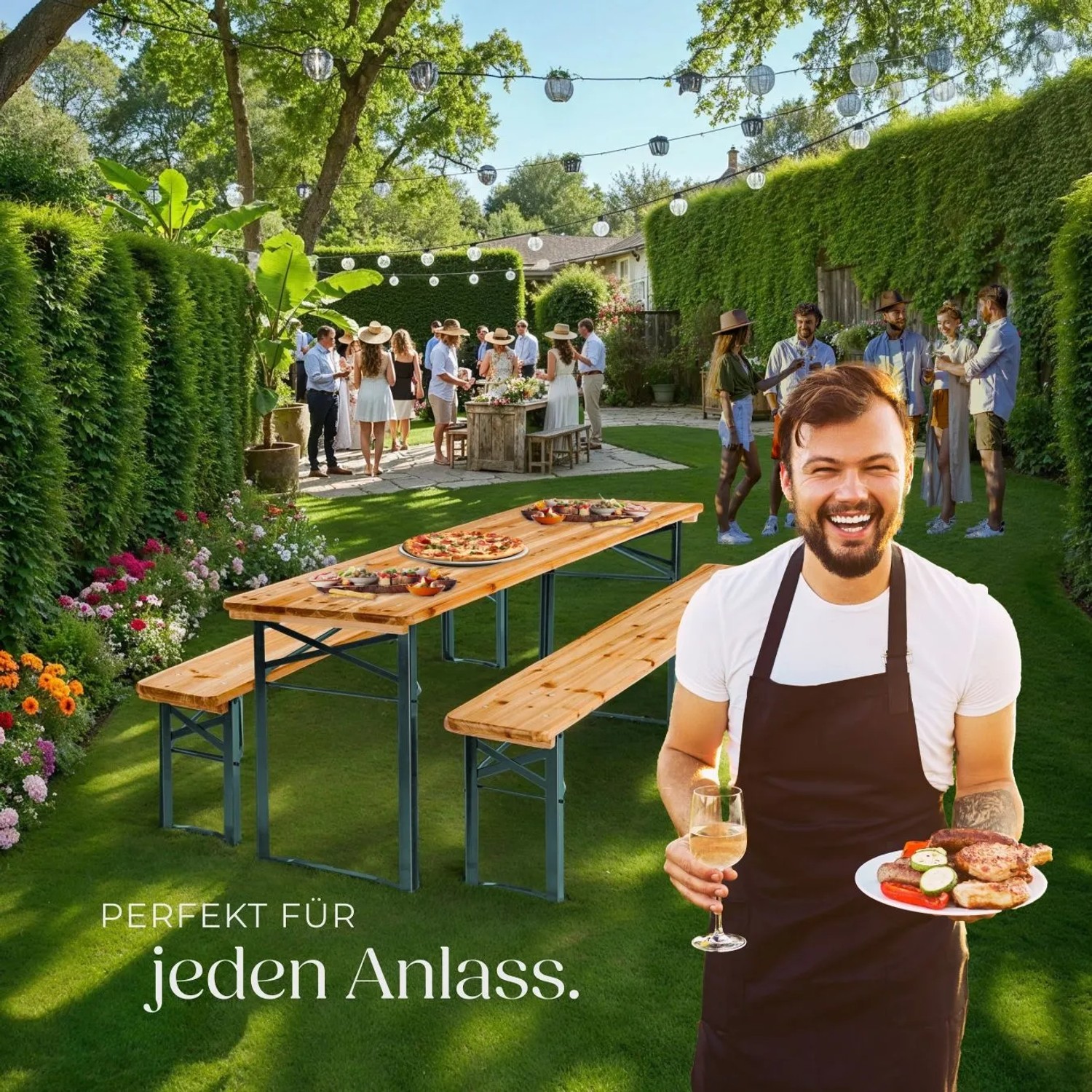 Klappbare, 3-teilige Bierzeltgarnitur mit Sonnenschirmhalterung im Garten.