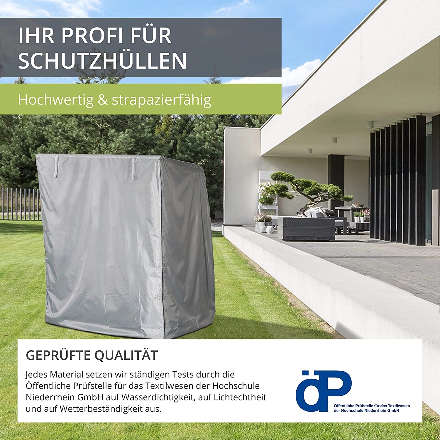 Graue Strandkorbhülle von Mehr Garten Plus, schützt vor Wind und Wetter.