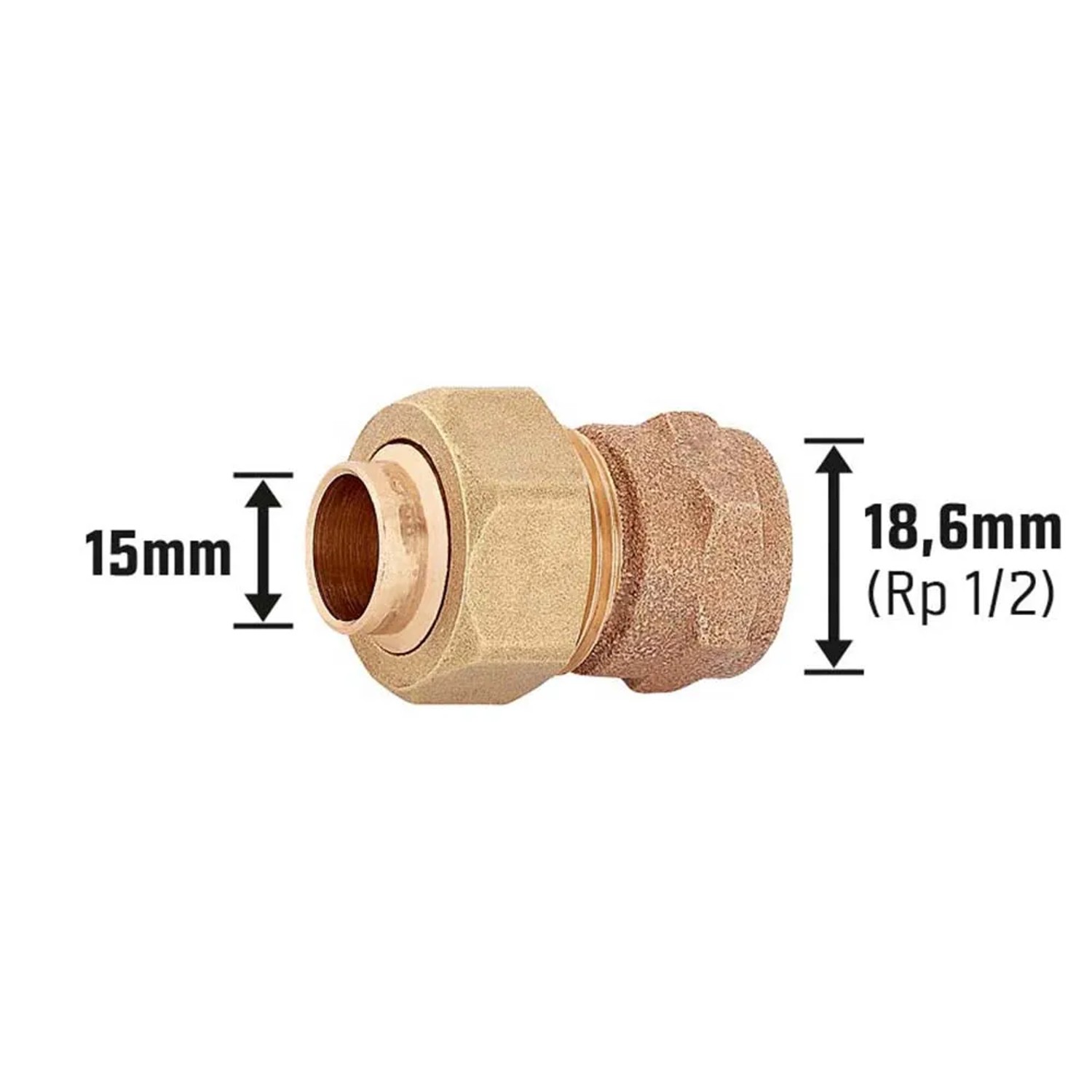 Löt-Verschraubung aus Rotguss, 15 mm x 18,6 mm (Rp 1/2), für Kupferrohre, zweiteilig und lösbar.