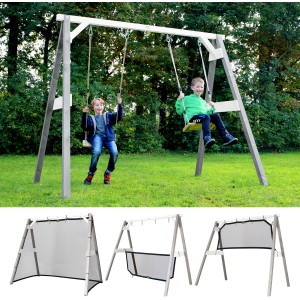 Axi 4-in-1 SportsFun Schaukel mit 2 Kindern, grau-weiß, mit Fußballtor und Netzen.