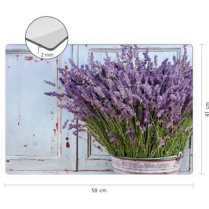 Myspotti Mini-Spritzschutzplatte Vintage Lavendel, 59x41cm, mit Lavendelmotiv vor hellblauer Holzwand.
