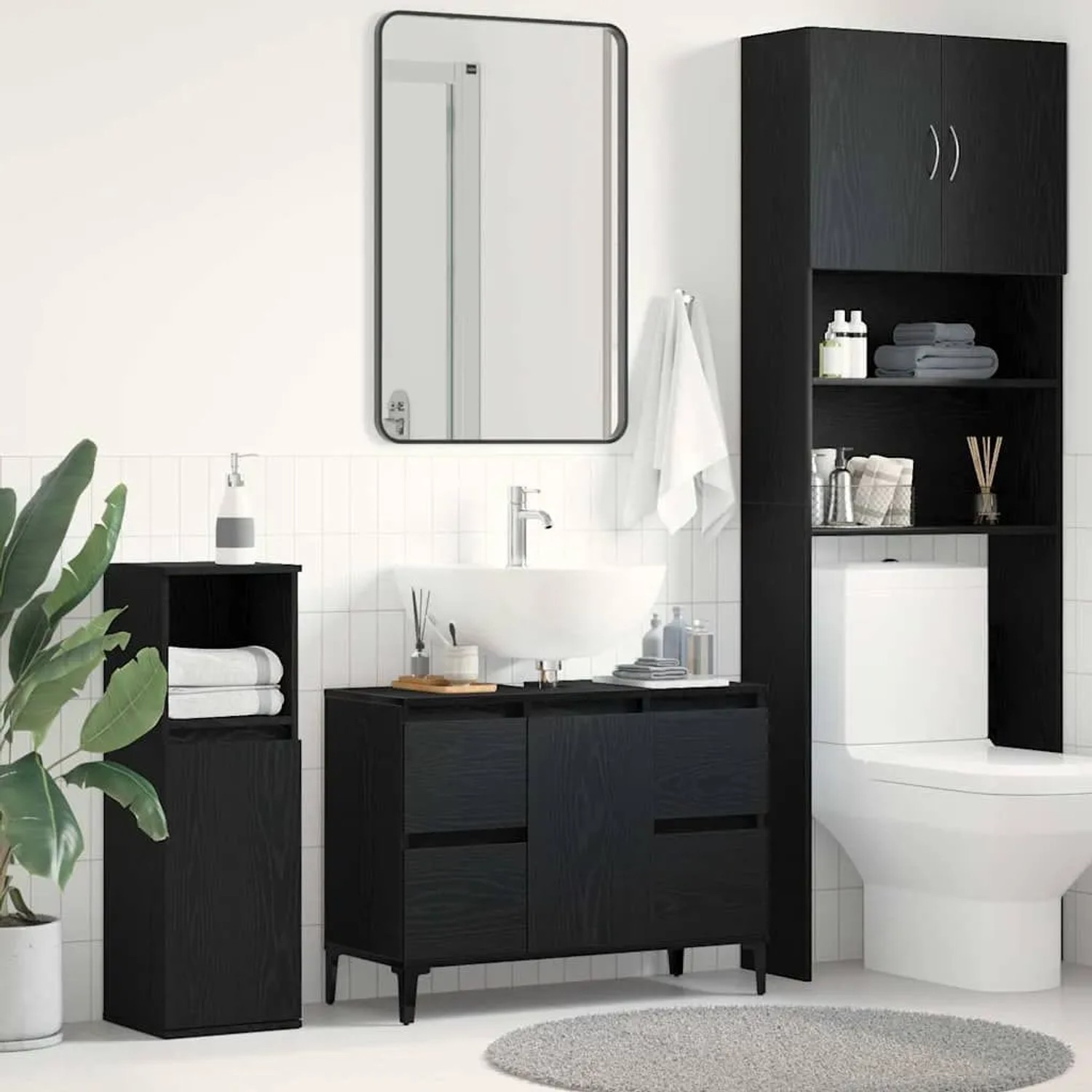 vidaXL Waschbeckenschrank in Schwarz Eichen-Optik mit Tür, Schublade und Regal.