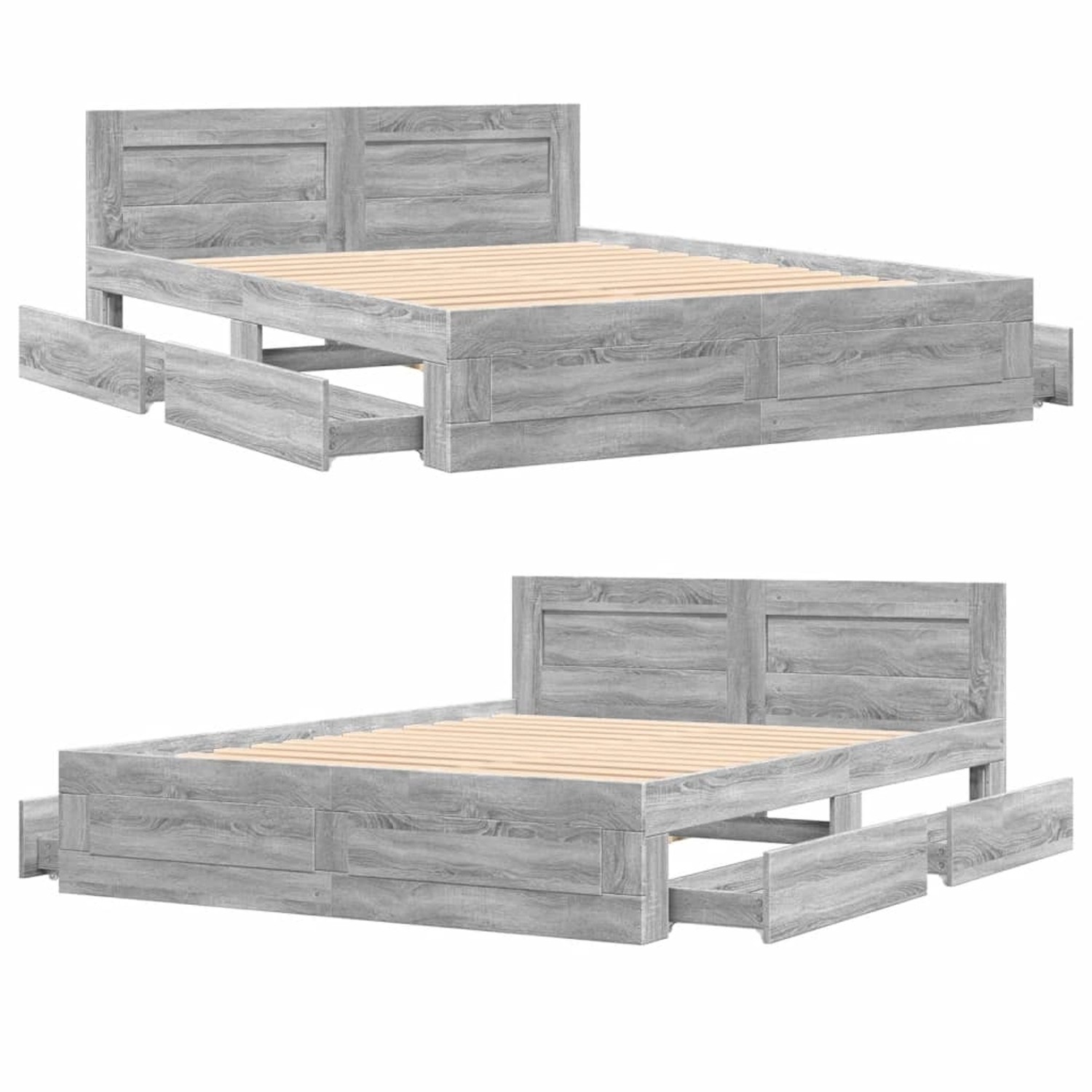 Graues Bettgestell (160x200 cm) mit Kopfteil und Schubladen aus Holzwerkstoff.
