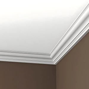 Weiße PROFHOME Eckleiste aus Polyurethan als Deckenleiste im Raum.
