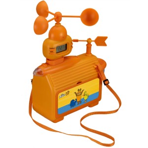 Orangefarbene DieMaus Wetterstation für Kinder mit Windmesser, Regenmesser und Zubehör.