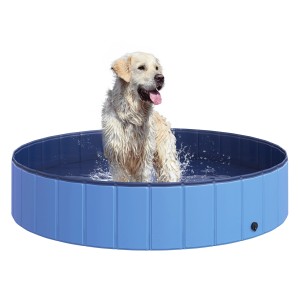 Faltbarer, blauer PawHut Hundepool (Ø140cm) mit Golden Retriever Hund im Wasser.