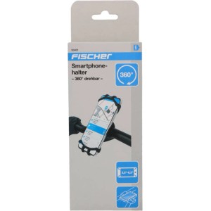 Verpackung des schwarzen Fischer Smartphonehalters aus Silikon für Fahrräder, 360° drehbar.