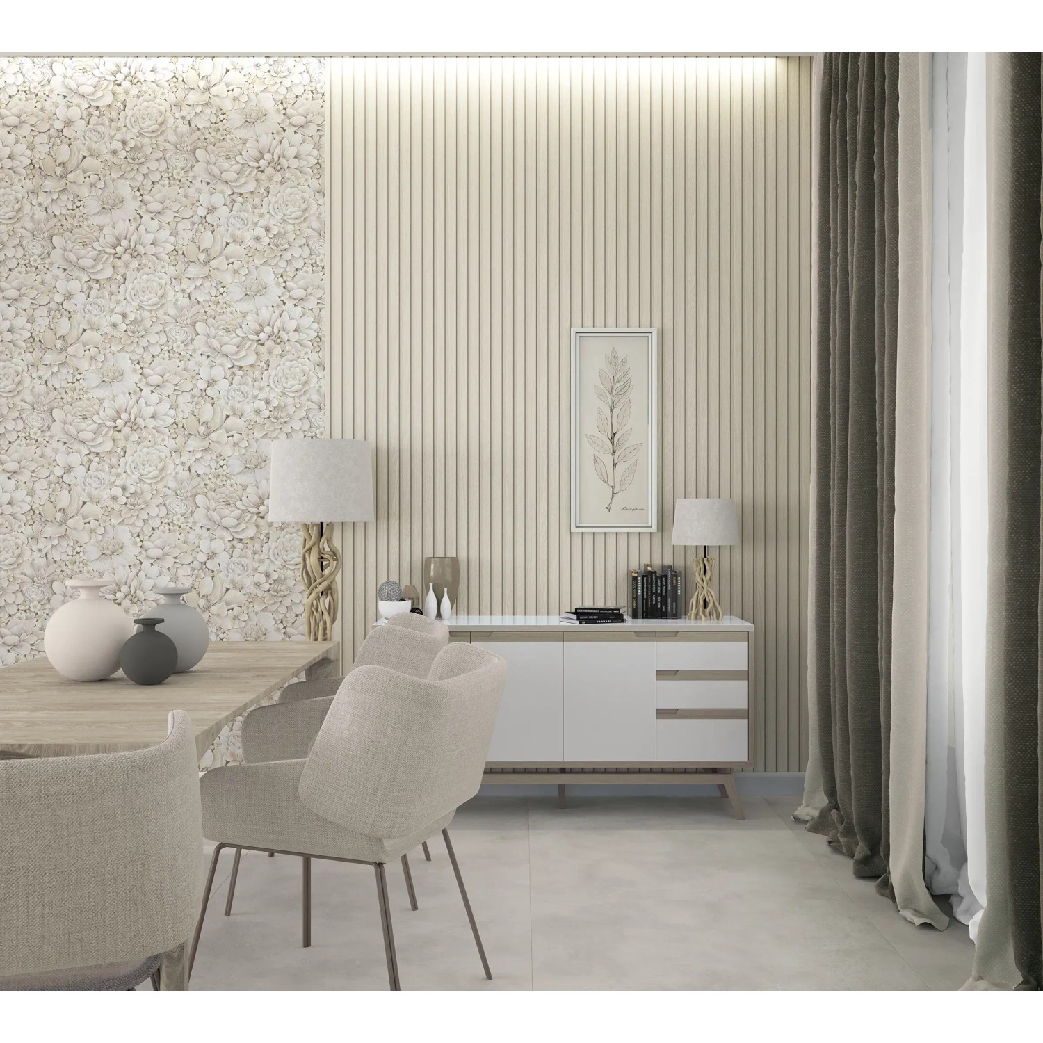 Wohnraum mit Marburg Vliestapete Botanica 2, floral, grau-beige. FSC®-zertifiziert.