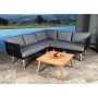MCW Garten-Lounge-Garnitur L30 mit dunkelgrauen Polstern, schwarzem Seilgeflecht und Akazienholz-Tisch auf Terrasse.