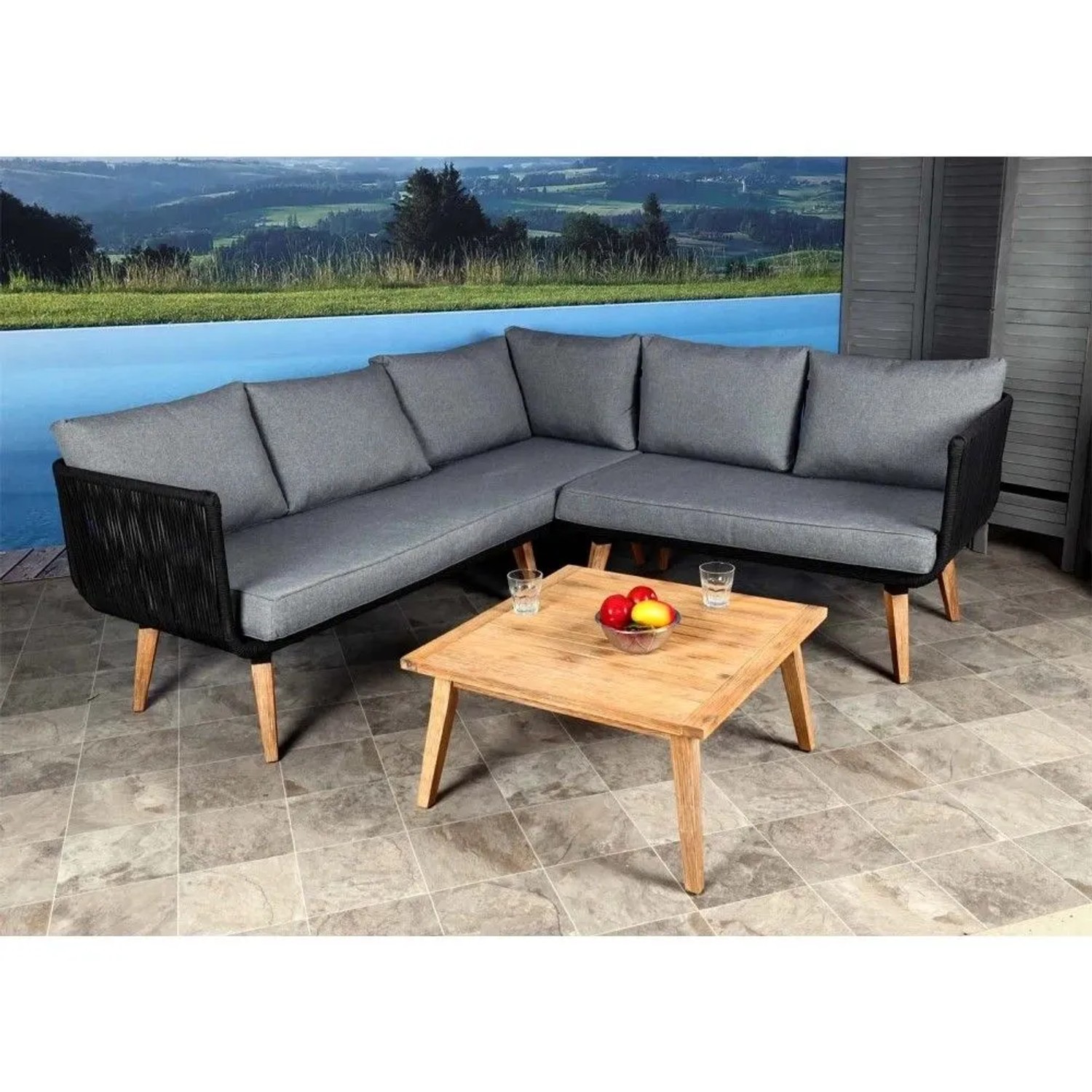 MCW Garten-Lounge-Garnitur L30 mit dunkelgrauen Polstern, schwarzem Seilgeflecht und Akazienholz-Tisch auf Terrasse.