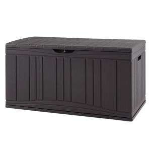 Braune Gartenbox 300L aus HDPE mit holzähnlicher Struktur, abschließbarem Deckel und Gasdruckfedern.
