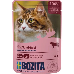 Bozita Katzen-Nassfutter Rind im Gelee, 85g Beutel mit Katzenbild.