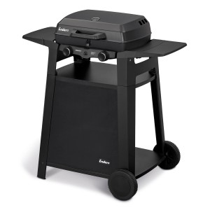 Schwarzer Enders Urban II Gasgrill mit Trolley und zwei Seitenablagen.