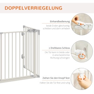 PawHut Absperrgitter mit Tür, Doppelverriegelung und Details zur Einhandbedienung.