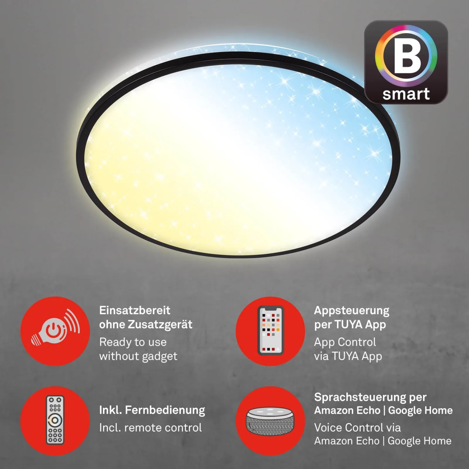 Dimmbare, schwarze Brilo LED-Deckenleuchte Ivy Sky S mit Sternendekor, 42W, smarte Steuerung.