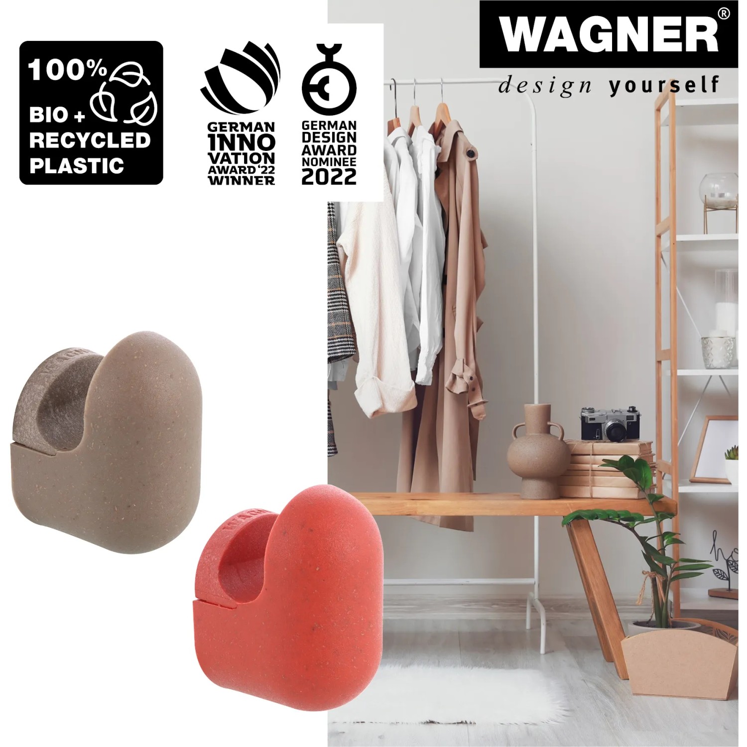 Wagner Wandhaken Set Pill, taupe und korallenrot, 4 Stück aus Bio-Kunststoff.