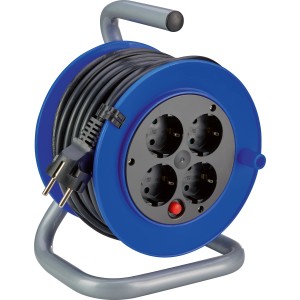 Blaue Kabeltrommel XP23-D1 mit 15 m Kabel und 4 Steckdosen für den Innenbereich.