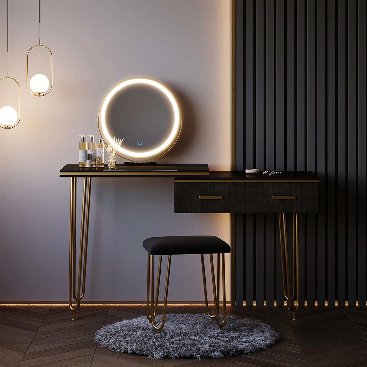 Vicco Schminktisch Zoey Schwarz 120 cm mit LED Spiegel und Hocker günstig online kaufen