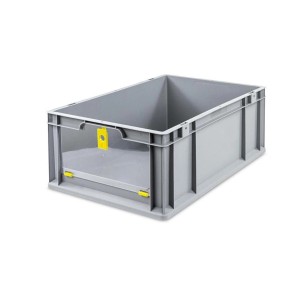 Graue PROREGAL Eurobox mit gelbem Verschluss, 44 Liter, für Lagerung und Transport.