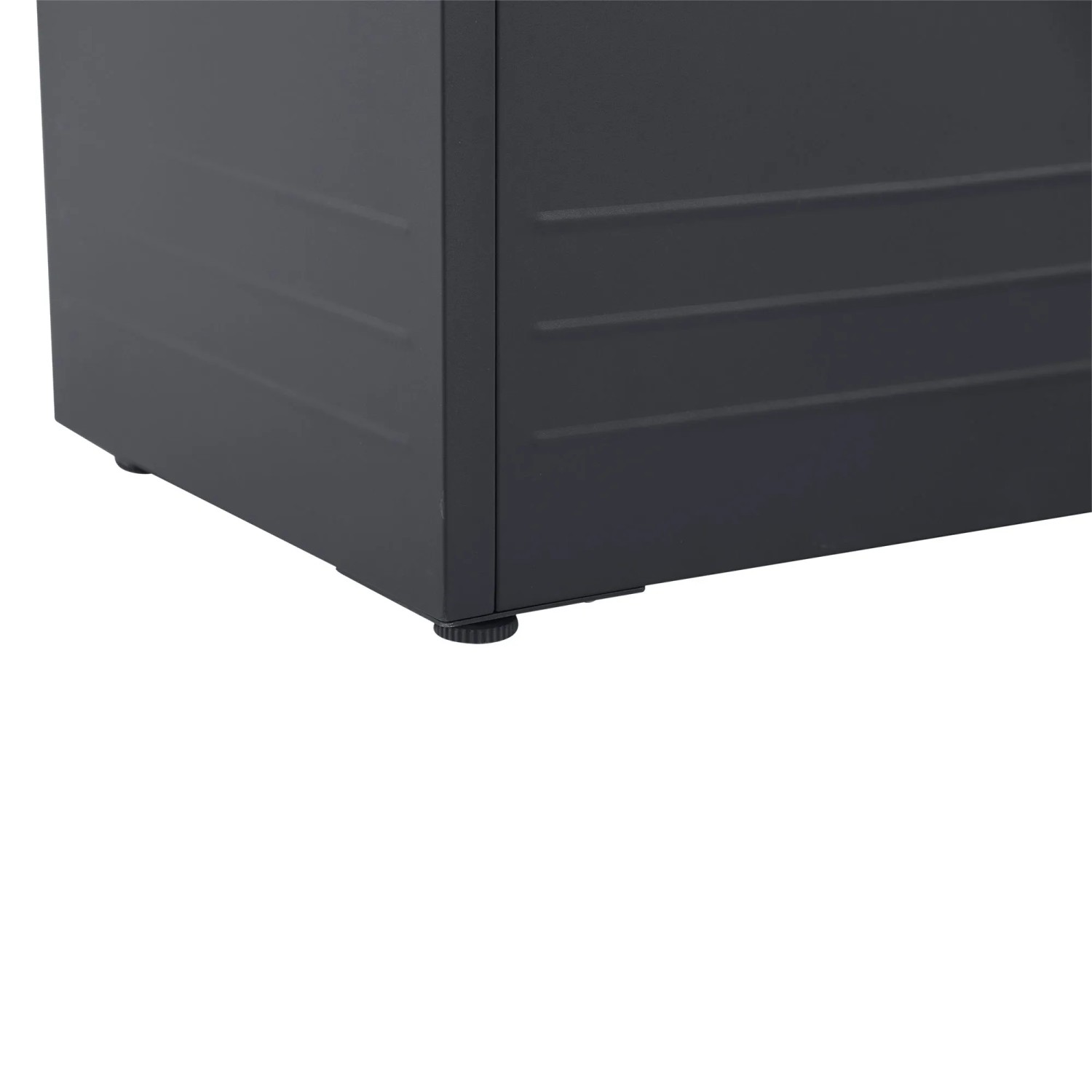 Anthrazitfarbene Stahl-Aufbewahrungsbox, Detail der Basis mit schwarzen Füßen und horizontalen Rillen.