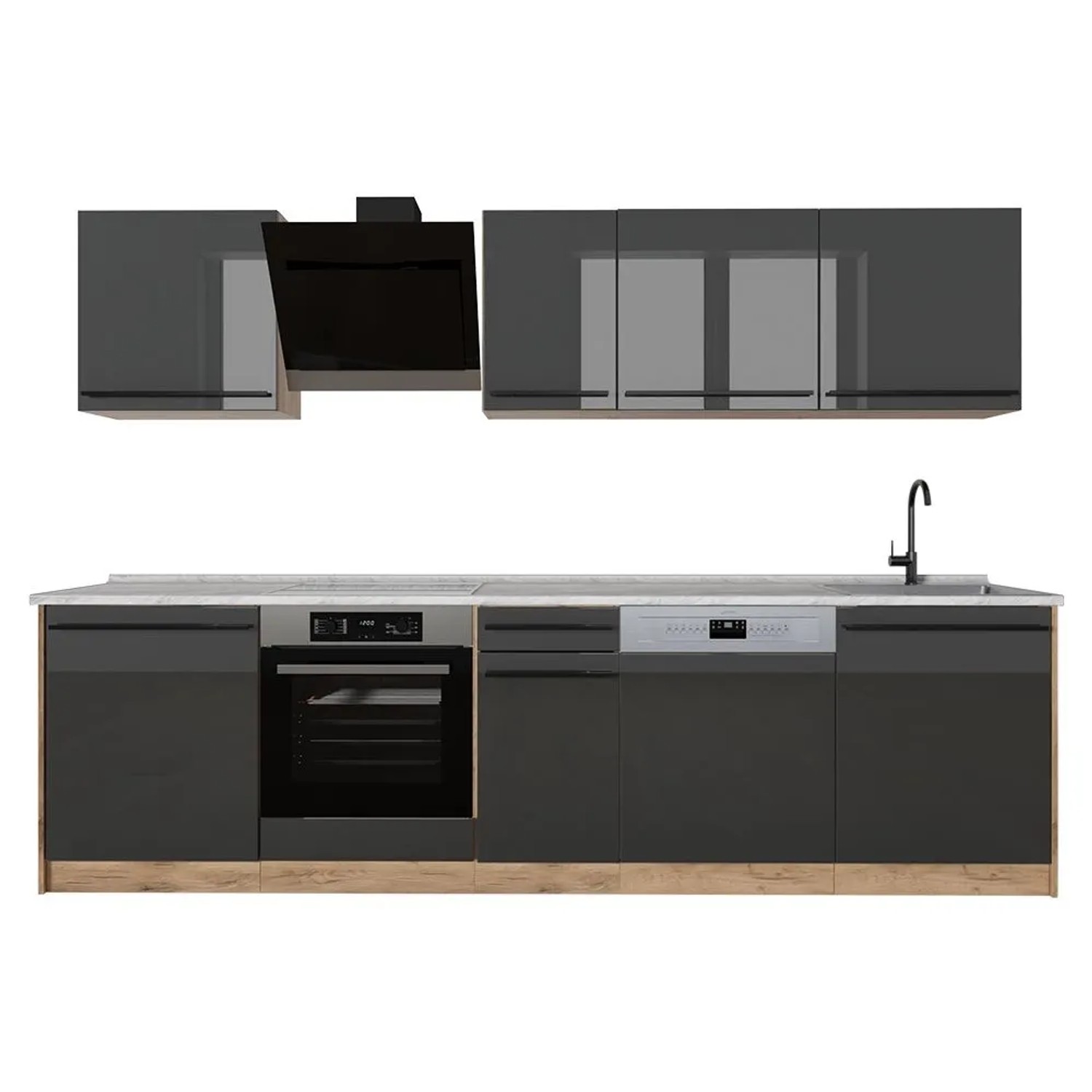 Vicco Küchenzeile R-Line Anthrazit Hochglanz/Goldkraft Eiche 280 x 207 Arbeitsplatte Marmor Art Nr 66392