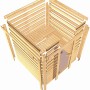 Woodfeeling Sauna Sandra Bausatz mit Glastür und Ofen, aus hellem Holz.