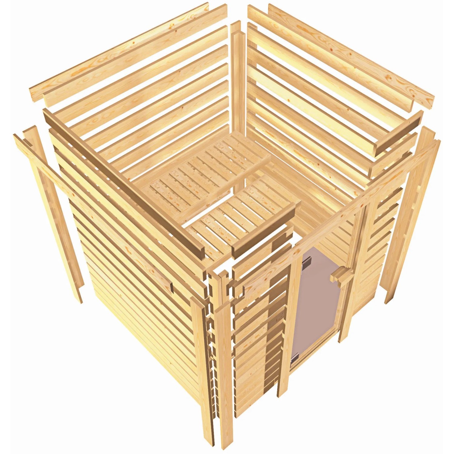Woodfeeling Sauna Sandra Bausatz mit Glastür und Ofen, aus hellem Holz.