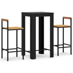 vidaXL Gartenbar-Set, 3-teilig, schwarz, Poly Rattan & Akazienholz. Bar-Tisch mit 2 Barhockern.