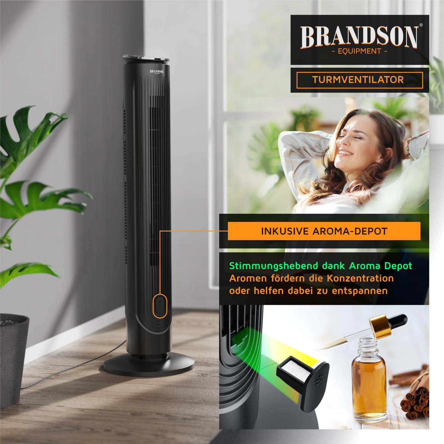Brandson Turmventilator 105cm mit Aromafach, Fernbedienung und verschiedenen Modi für eine angenehme Kühlung.