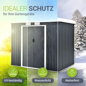 Anthrazitfarbener Juskys Metall Geräteschuppen M mit Pultdach für Garten Geräte.
