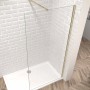 Duschparadies Walk-In Dusche mit gold gebürstetem Wandprofil und Stabilisierungsstange.