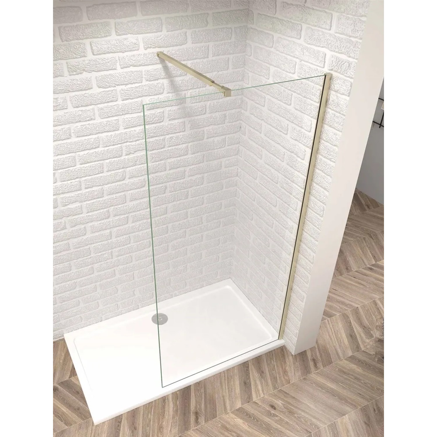 Duschparadies Walk-In Dusche mit gold gebürstetem Wandprofil und Stabilisierungsstange.