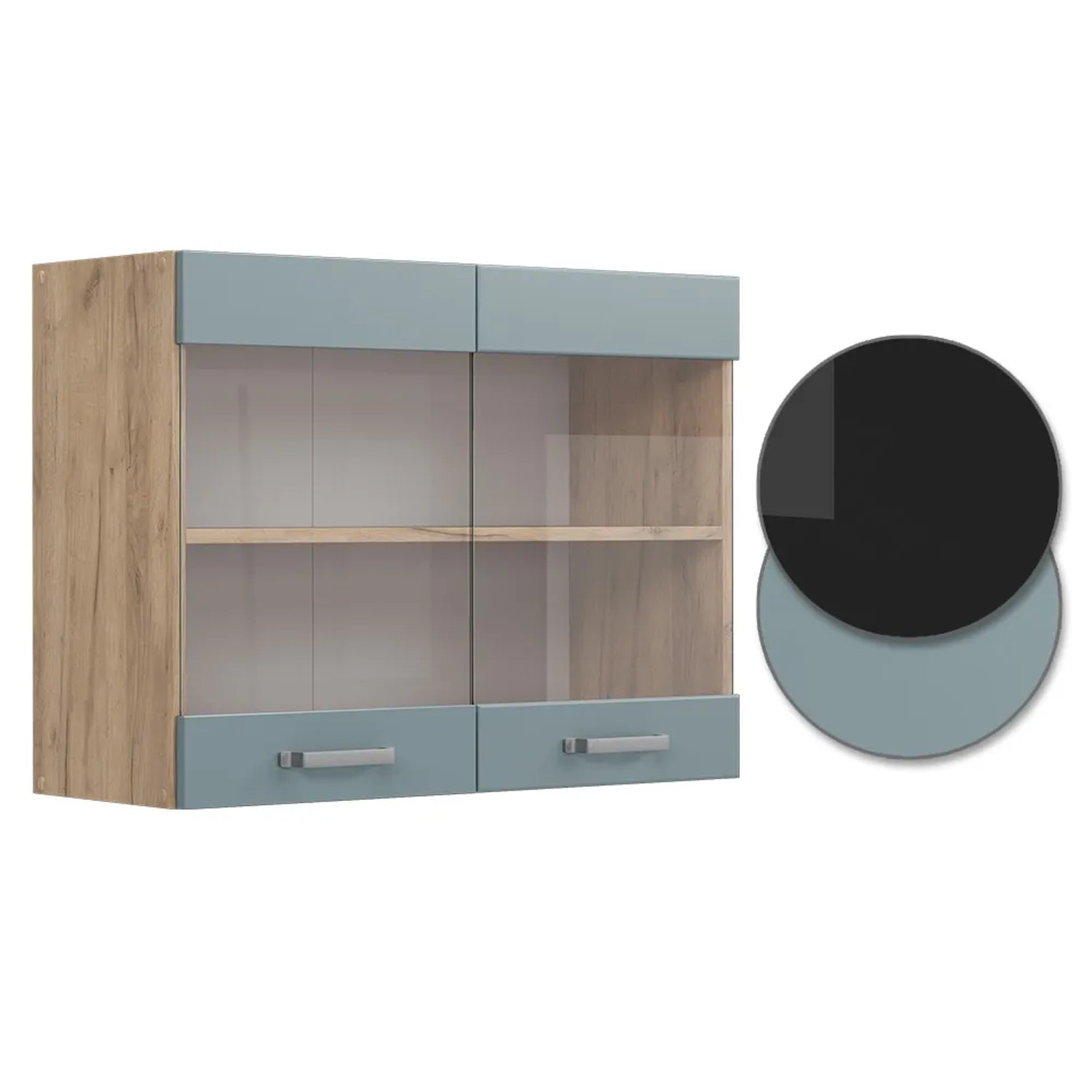 Vicco Küchenglasschrank R-Line, blau-grau/Eiche, 80 cm breit. Hängeschrank mit Glastüren.