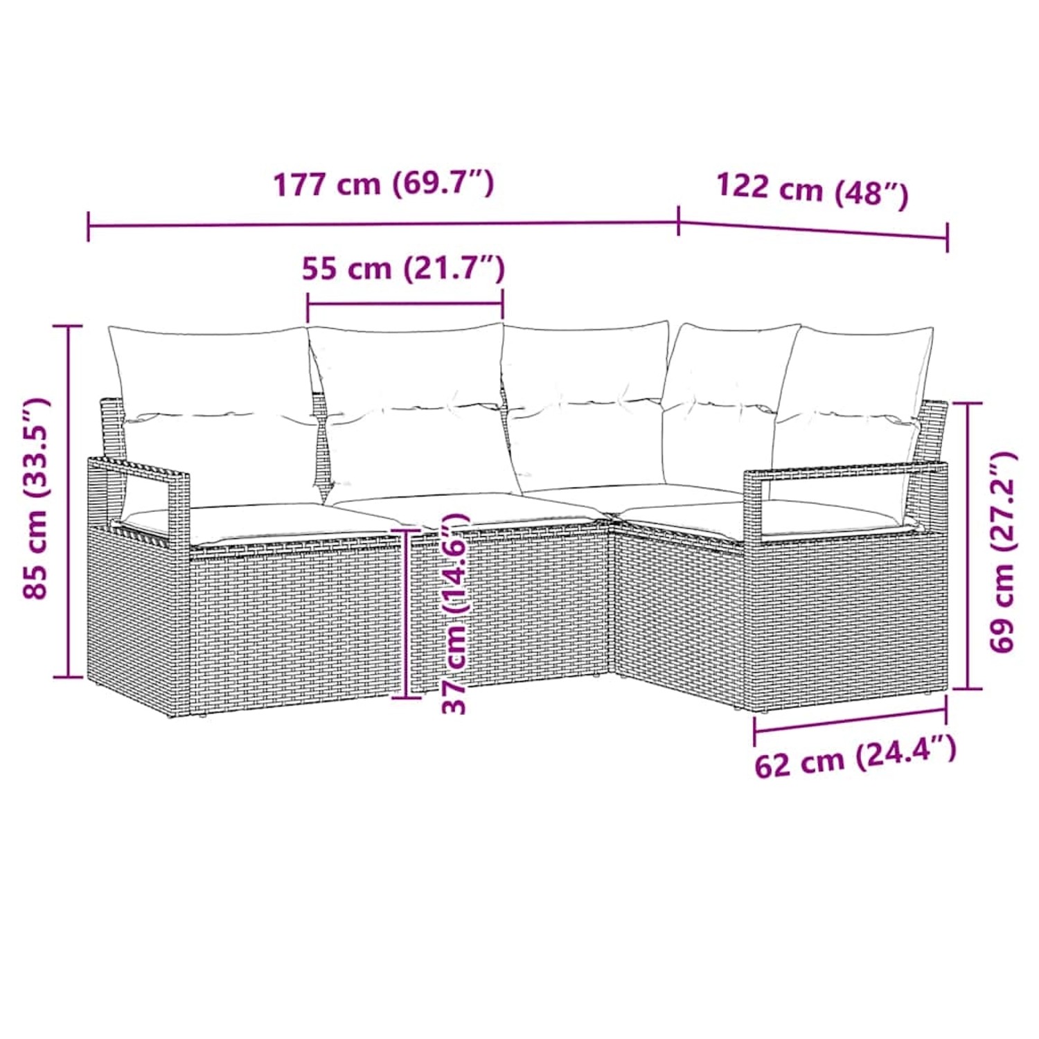 vidaXL Garten-Sofa-Set, 4-teilig, schwarz, Poly Rattan, mit Maßangaben.