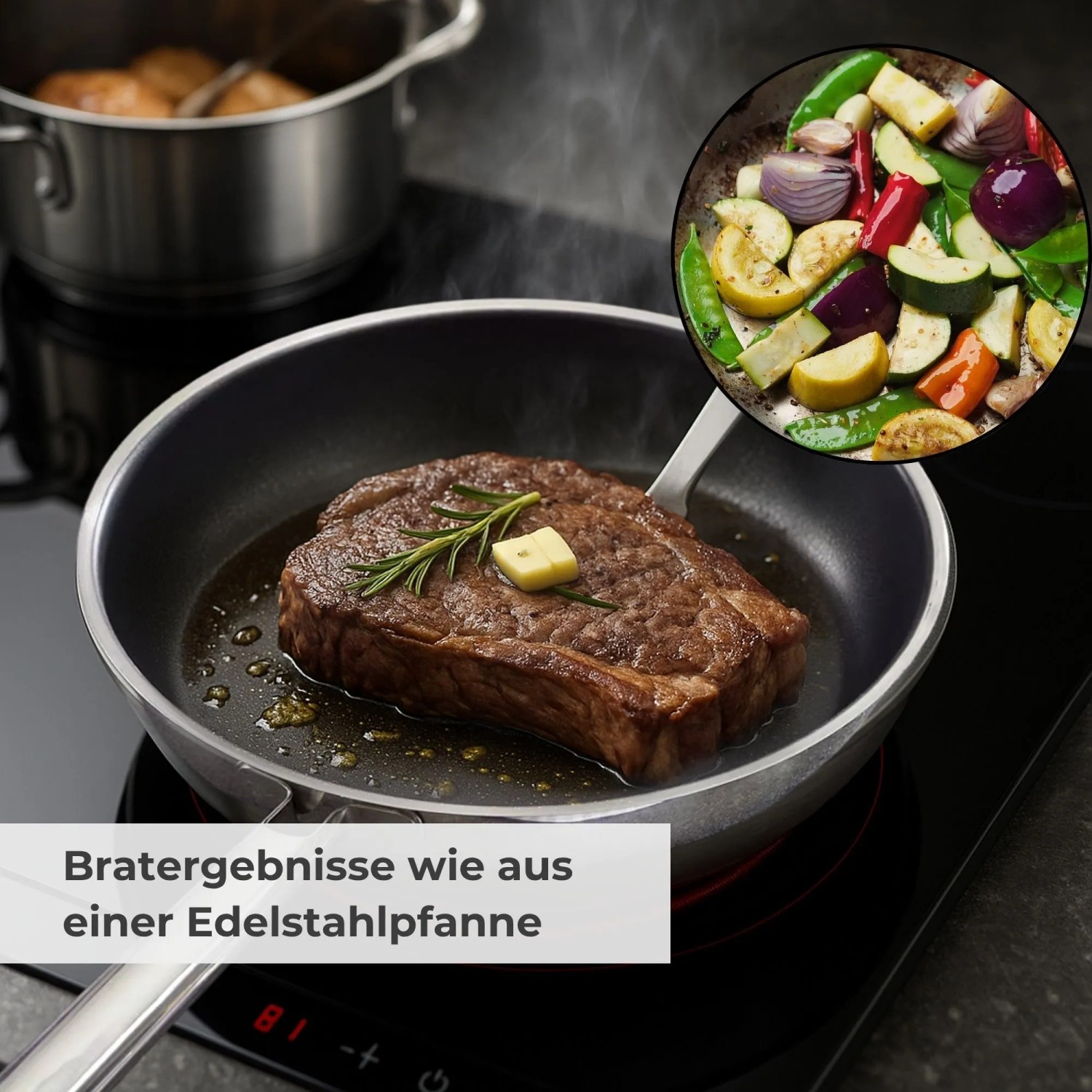RÖSLE Elegance ProCera Bratpfanne (Ø 28 cm) mit Steak, Butter und Kräutern auf einem Herd.