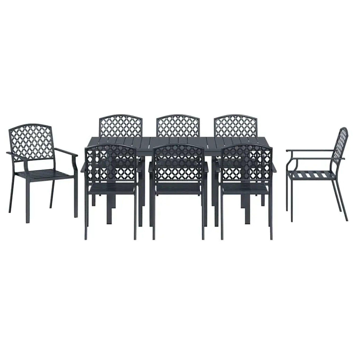 Anthrazitfarbene 9-teilige Garten Essgruppe aus Stahl mit Tisch und Stühlen.