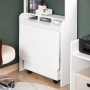 Weißer SoBuy Klapptisch Schreibtisch FWT105-W, zusammengeklappt als Regal mit Ablagen.