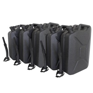 5er Set TRUTZHOLM Kraftstoffkanister, 20 Liter, Metall, schwarz, mit Ausgießer und Halter.