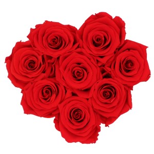 Herzförmige Rosenbox mit 8 roten Rosen in weiß-silberner Box, Blumenstrauß.